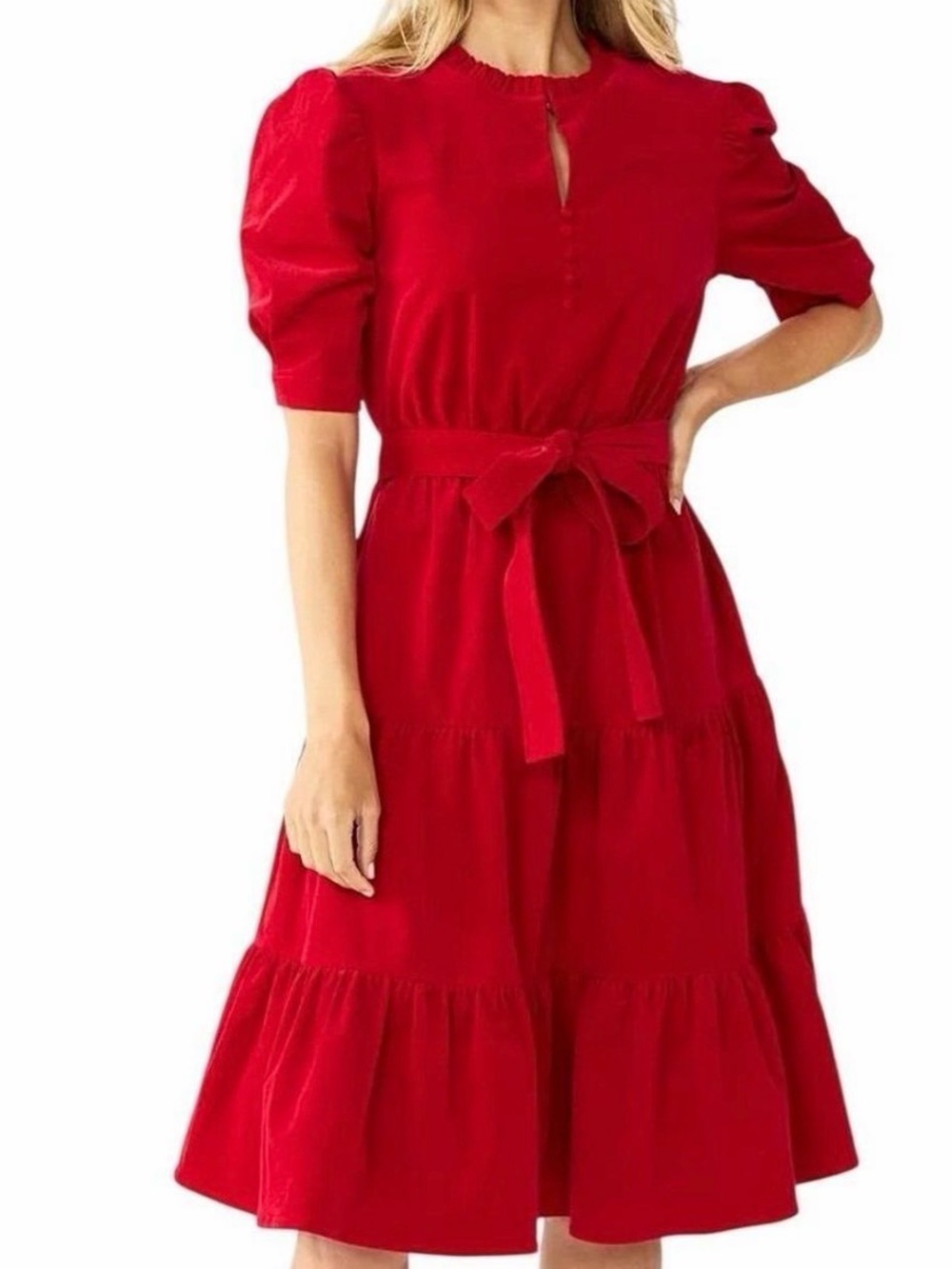 Draper James Red Tiered Midi Dress with Tie Waist